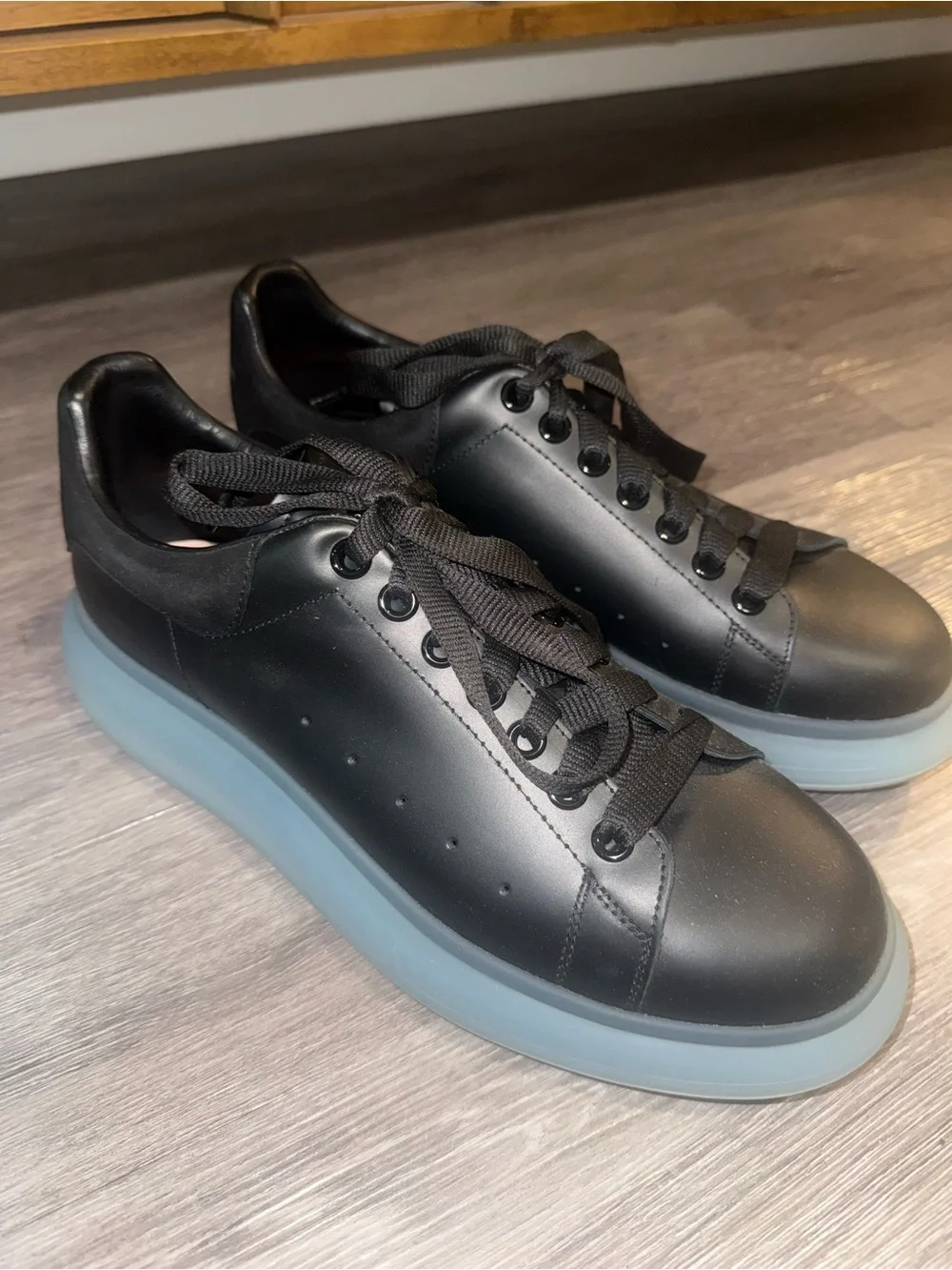 Alexander McQueen Black Leather Sneakers with Light Blue Translucent Soles